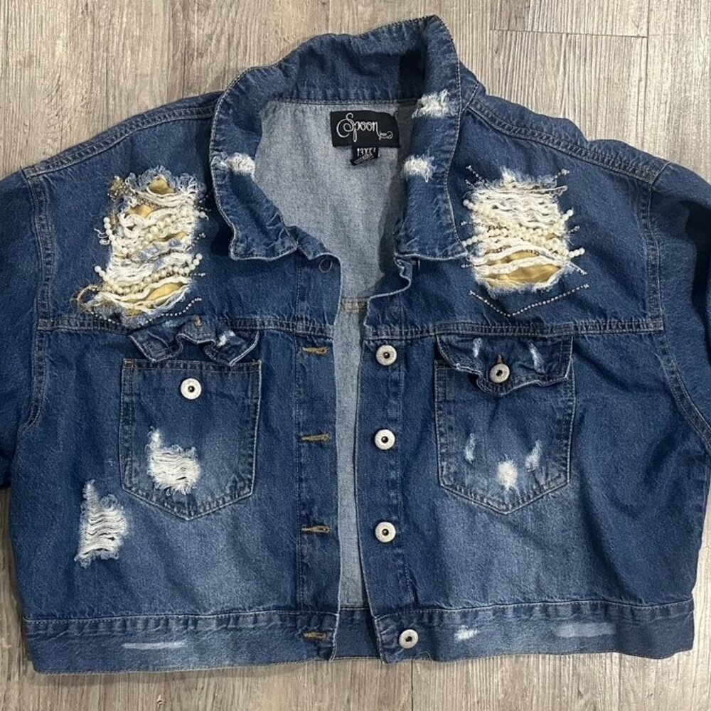 Spoon Jeans Jacket Womens 3XL Blue Denim Button Front Distressed Destroyed